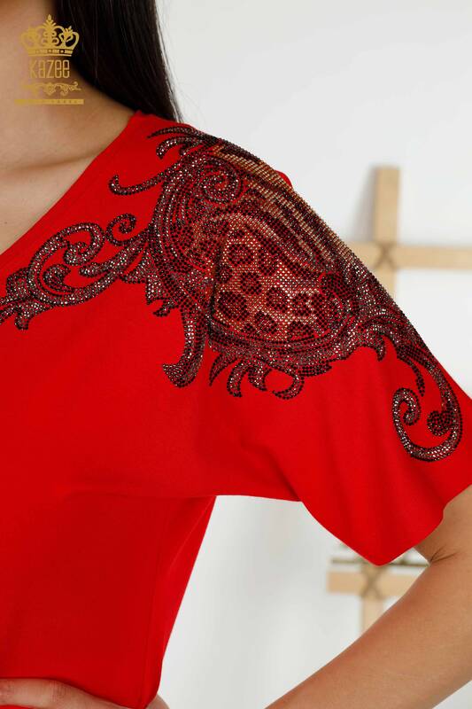 Toptan Kadın Bluz Omuz Detaylı Kırmızı - 79054 | KAZEE