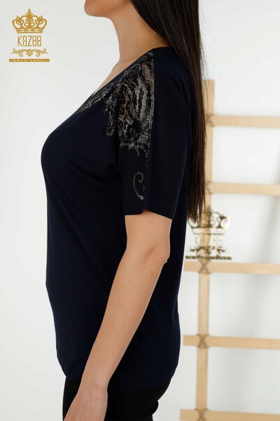 Toptan Kadın Bluz Omuz Detaylı Lacivert - 79054 | KAZEE - Thumbnail