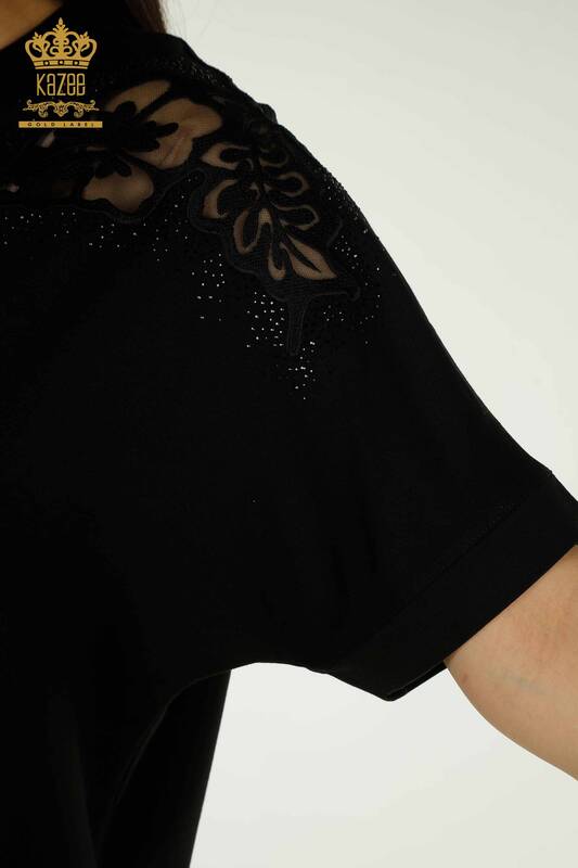 Toptan Kadın Bluz Omuz Detaylı Siyah - 79527 | KAZEE