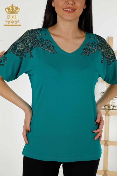 Toptan Kadın Bluz Omuz Detaylı Yeşil - 79054 | KAZEE - Thumbnail