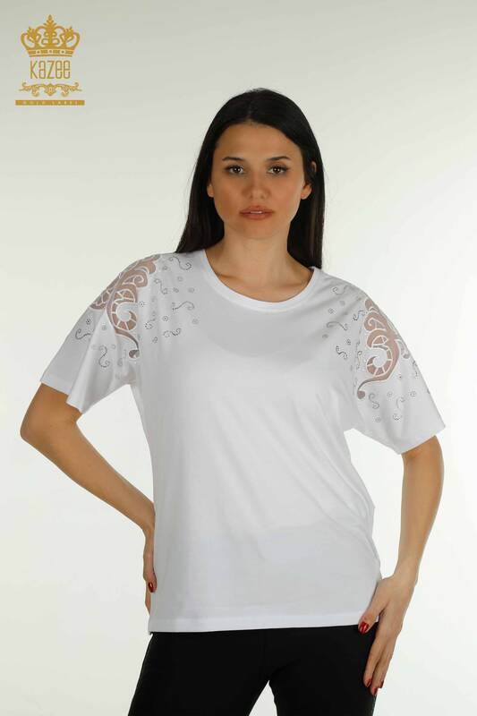 Toptan Kadın Bluz Omuz Tül Detaylı Beyaz - 79456 | KAZEE