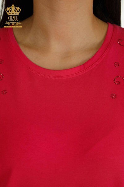 Toptan Kadın Bluz Omuz Tül Detaylı Fuşya - 79456 | KAZEE - Thumbnail