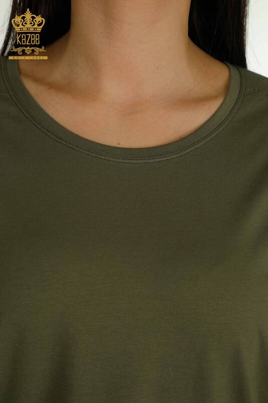 Toptan Kadın Bluz Omuz Tül Detaylı Haki - 79553 | KAZEE