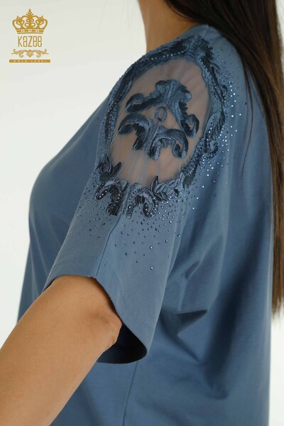 Toptan Kadın Bluz Omuz Tül Detaylı İndigo - 79553 | KAZEE - Thumbnail