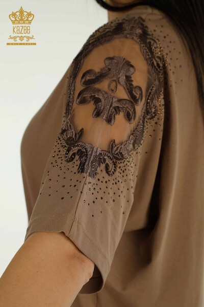 Toptan Kadın Bluz Omuz Tül Detaylı Kahve - 79553 | KAZEE - Thumbnail