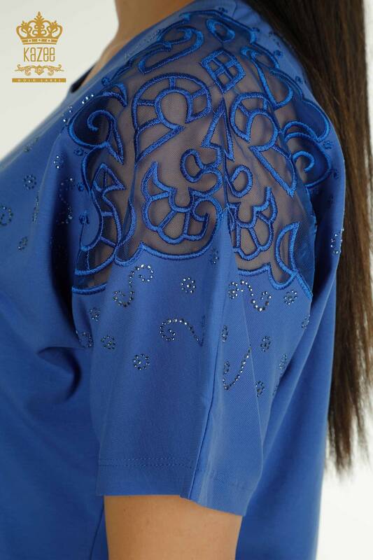 Toptan Kadın Bluz Omuz Tül Detaylı Saks - 79456 | KAZEE
