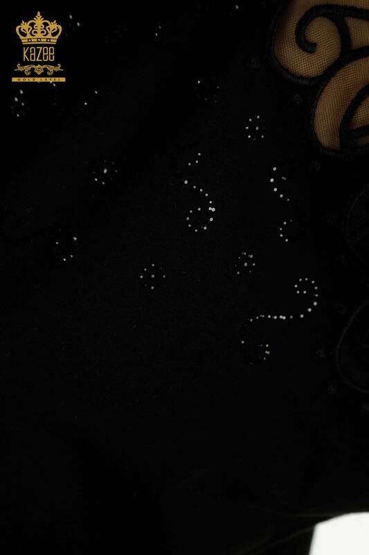 Toptan Kadın Bluz Omuz Tül Detaylı Siyah - 79456 | KAZEE