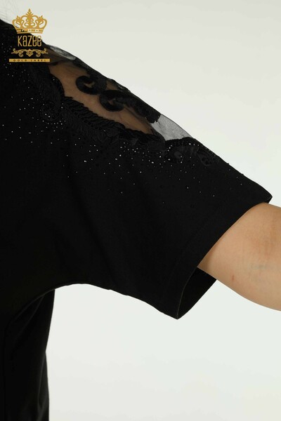Toptan Kadın Bluz Omuz Tül Detaylı Siyah - 79553 | KAZEE - Thumbnail