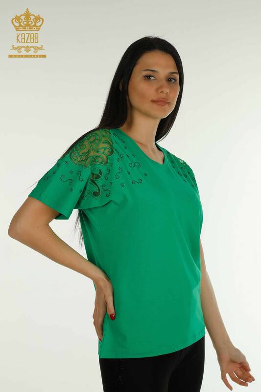 Toptan Kadın Bluz Omuz Tül Detaylı Yeşil - 79456 | KAZEE