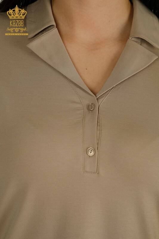 Toptan Kadın Bluz Polo Yaka Bej - 79503 | KAZEE