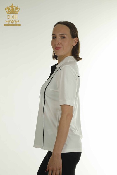 Kazee - Toptan Kadın Bluz Polo Yaka Ekru - 79566 | KAZEE (1)