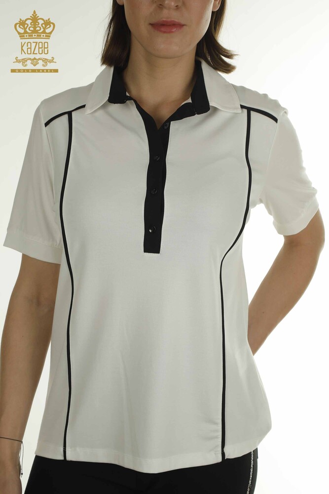 Toptan Kadın Bluz Polo Yaka Ekru - 79566 | KAZEE - 3