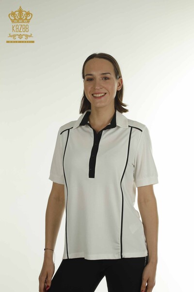 Toptan Kadın Bluz Polo Yaka Ekru - 79566 | KAZEE 