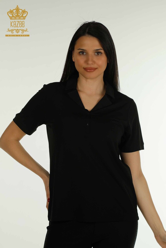 Toptan Kadın Bluz Polo Yaka Siyah - 79503 | KAZEE - 1