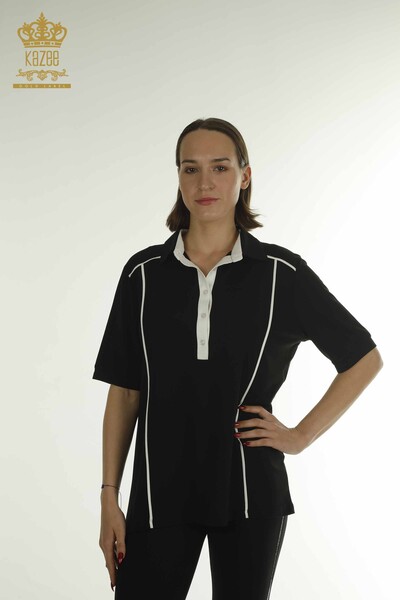 Kazee - Toptan Kadın Bluz Polo Yaka Siyah - 79566 | KAZEE