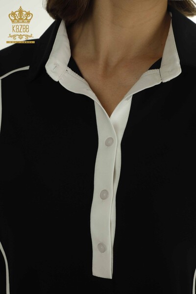 Toptan Kadın Bluz Polo Yaka Siyah - 79566 | KAZEE - Thumbnail (2)