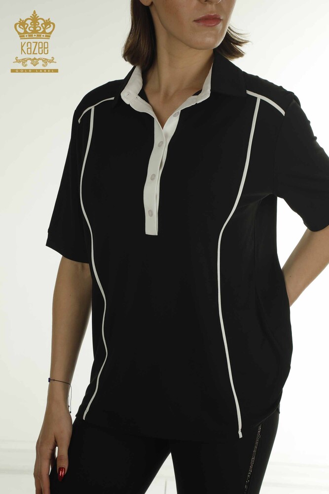 Toptan Kadın Bluz Polo Yaka Siyah - 79566 | KAZEE - 2