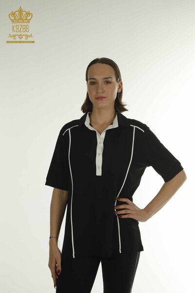 Toptan Kadın Bluz Polo Yaka Siyah - 79566 | KAZEE - 1