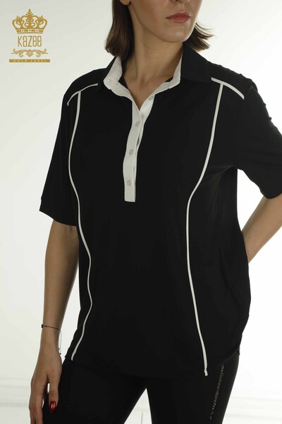 Toptan Kadın Bluz Polo Yaka Siyah - 79566 | KAZEE - 2