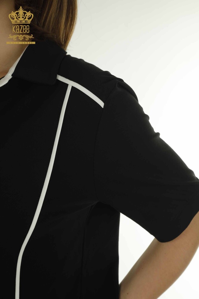 Toptan Kadın Bluz Polo Yaka Siyah - 79566 | KAZEE - 4