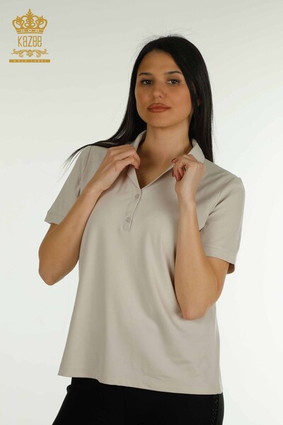 Toptan Kadın Bluz Polo Yaka Taş - 79503 | KAZEE - Thumbnail