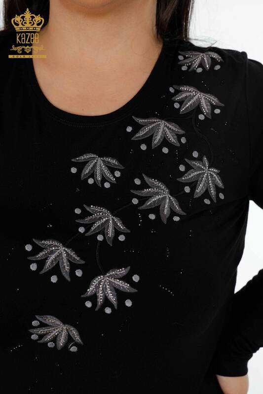 Toptan Kadın Bluz Puantiye Çiçek Desenli Taş İşlemeli - 79009 | KAZEE