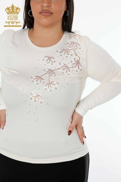 Toptan Kadın Bluz Puantiye Çiçek Desenli Taş İşlemeli - 79009 | KAZEE - Thumbnail