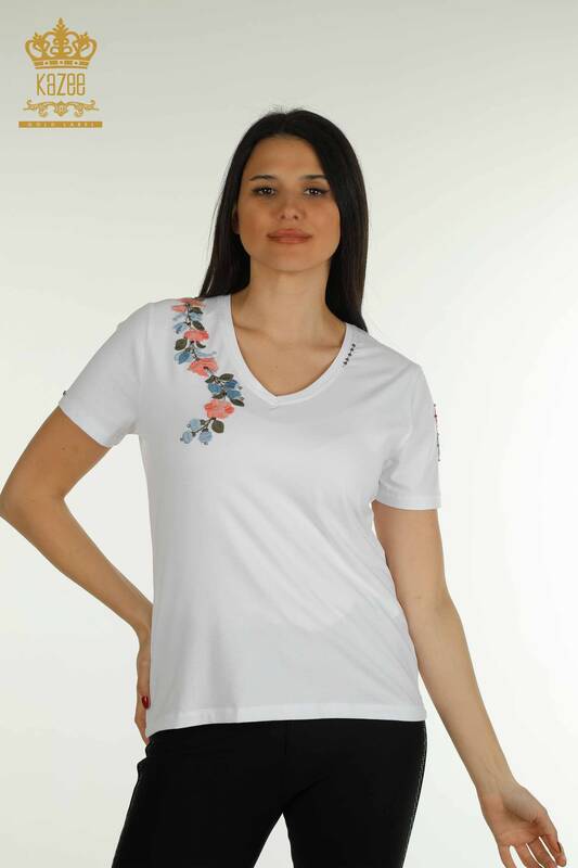 Toptan Kadın Bluz Renkli Çiçek İşlemeli Beyaz - 79455 | KAZEE