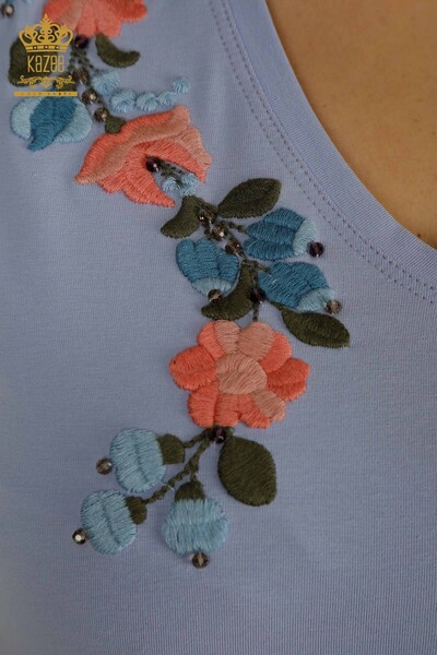 Toptan Kadın Bluz Renkli Çiçek İşlemeli Lila - 79455 | KAZEE - Thumbnail