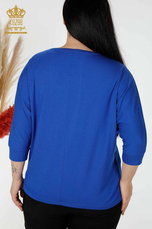 Toptan Kadın Bluz Renkli Kelebek Desenli Saks - 77901 | KAZEE