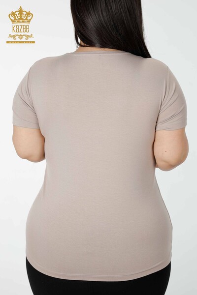 Toptan Kadın Bluz Renkli Taş İşlemeli Bej - 78924 | KAZEE - Thumbnail