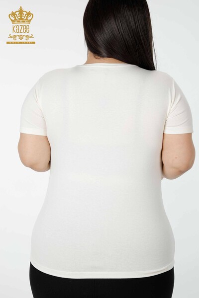 Toptan Kadın Bluz Renkli Taş İşlemeli Ekru - 78924 | KAZEE - Thumbnail