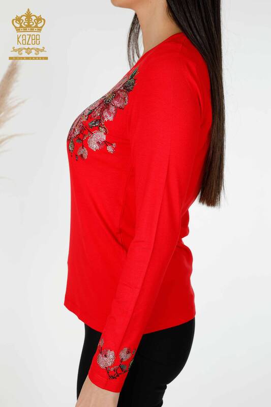 Toptan Kadın Bluz Renkli Taş İşlemeli Kırmızı - 79015 | KAZEE