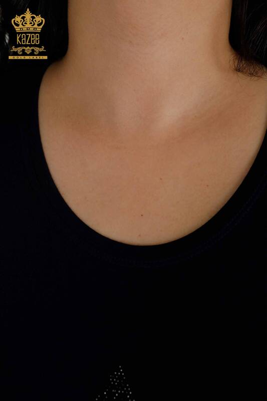 Toptan Kadın Bluz Renkli Taş İşlemeli Lacivert - 77942 | KAZEE