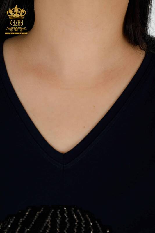 Toptan Kadın Bluz Renkli Taş İşlemeli Lacivert - 78913 | KAZEE