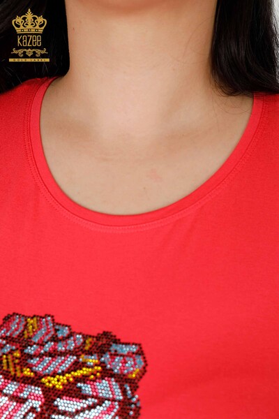Toptan Kadın Bluz Renkli Taş İşlemeli Mercan - 77874 | KAZEE - Thumbnail