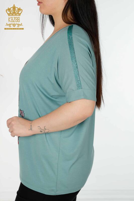 Toptan Kadın Bluz Renkli Taş İşlemeli Mint - 78913 | KAZEE