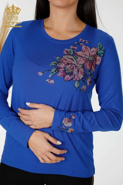 Toptan Kadın Bluz Renkli Taş İşlemeli Saks - 79015 | KAZEE - Thumbnail