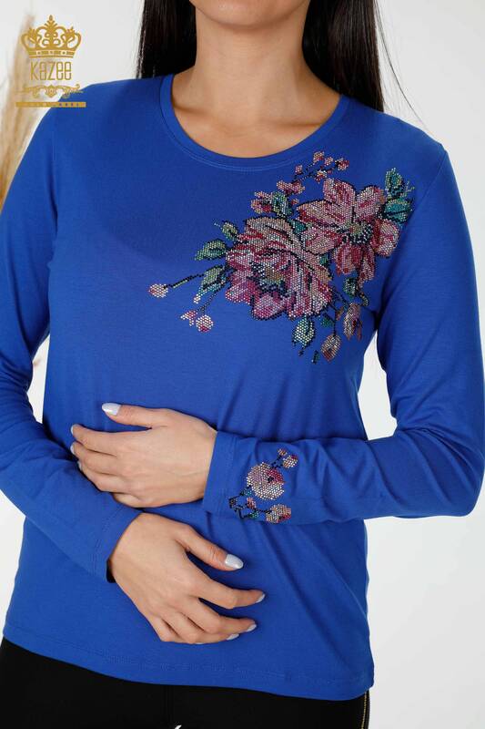 Toptan Kadın Bluz Renkli Taş İşlemeli Saks - 79015 | KAZEE