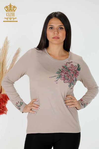 Toptan Kadın Bluz Renkli Taş İşlemeli Vizon - 79015 | KAZEE - Thumbnail