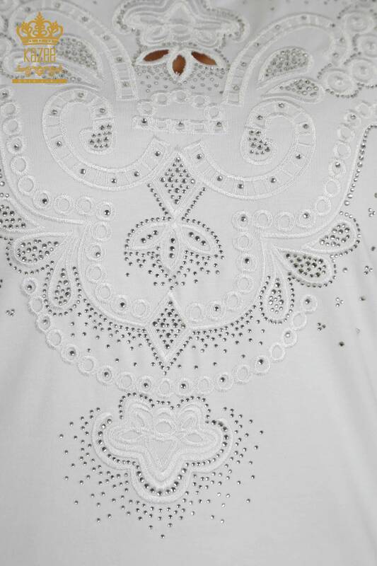 Toptan Kadın Bluz Taş İşlemeli Beyaz - 79468 | KAZEE
