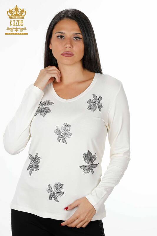 Toptan Kadın Bluz Taş İşlemeli Çiçek Desenli Viskon - 79001 | KAZEE