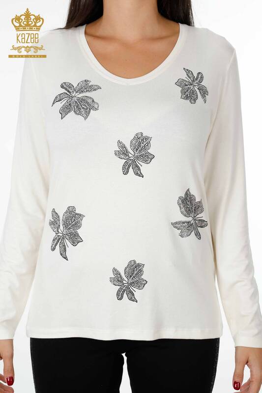 Toptan Kadın Bluz Taş İşlemeli Çiçek Desenli Viskon - 79001 | KAZEE