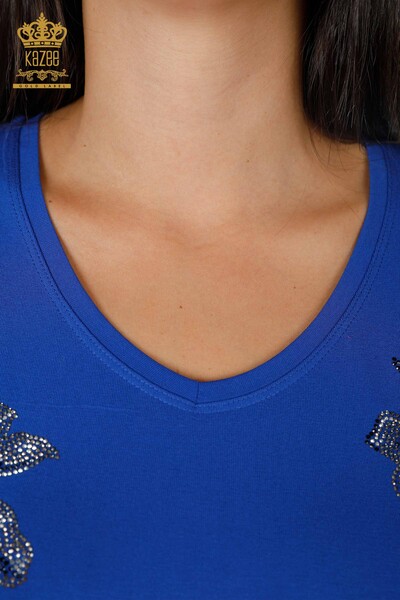 Toptan Kadın Bluz Taş İşlemeli Çiçek Desenli Viskon - 79001 | KAZEE - Thumbnail