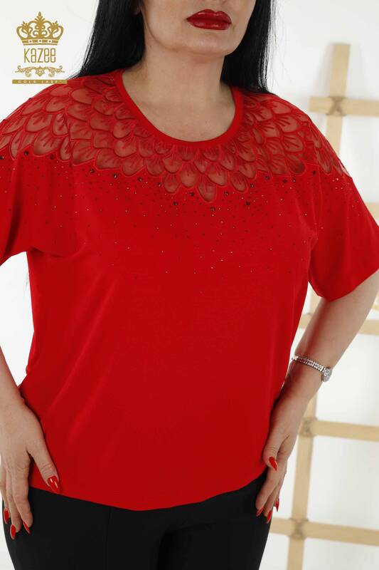 Toptan Kadın Bluz Taş İşlemeli Desenli Kırmızı - 79143 | KAZEE