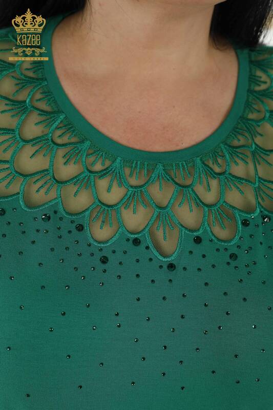 Toptan Kadın Bluz Taş İşlemeli Desenli Yeşil - 79143 | KAZEE
