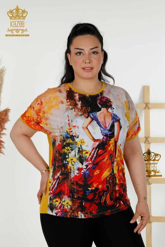 Toptan Kadın Bluz Taş İşlemeli Dijital - 12092 | KAZEE