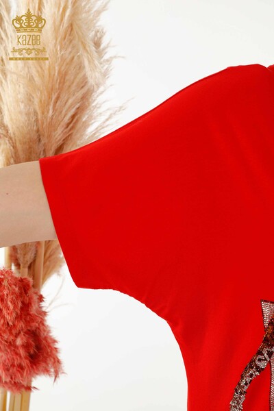 Toptan Kadın Bluz Taş İşlemeli Kırmızı - 77713 | KAZEE - Thumbnail