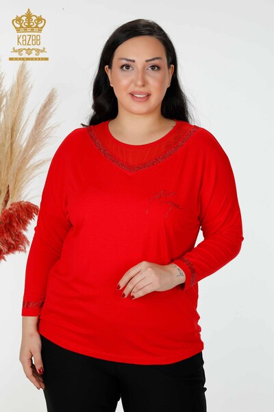 Toptan Kadın Bluz Taş İşlemeli Kırmızı - 77870 | KAZEE - Thumbnail