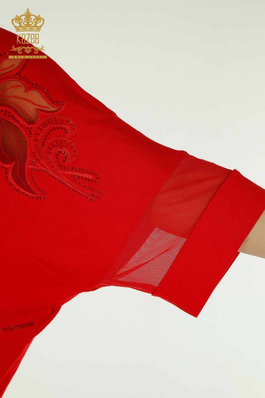 Toptan Kadın Bluz Taş İşlemeli Kırmızı - 79057 | KAZEE